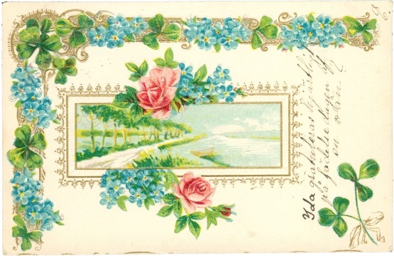 landschaft mit rosen und vergissmeinnicht