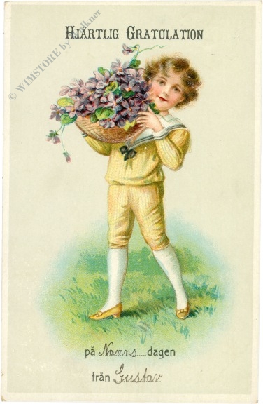 glückwünsche, bub mit blumenkorb