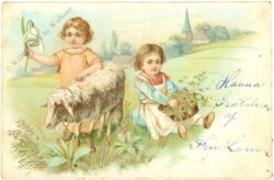 kinder mit blumen und schaf