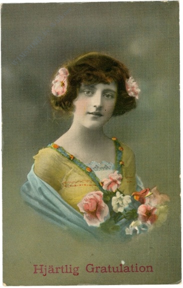 glückwünsche, dame mit blumen