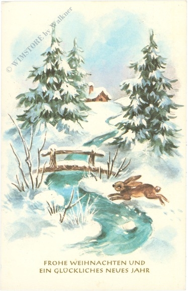 weihnachten, hase in verschneiter landschaft