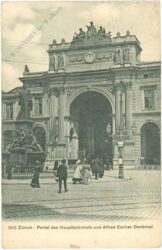 zürich, portal des hauptbahnhofs und alfred escher denkmal