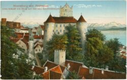 meersburg am bodensee, altes schloss mit blick auf see und schweizeralpen
