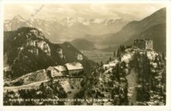 pfronten, burghotel mit ruine falkenstein mit blick a.d. zugspitze