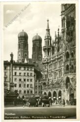 münchen, marienplatz, rathaus, mariensäule u. frauenkirche