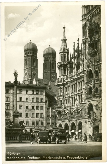 münchen, marienplatz, rathaus, mariensäule u. frauenkirche