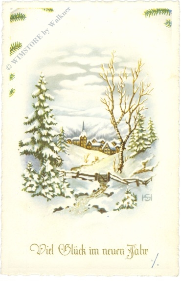 neujahr, verschneiter dorfeingang