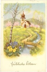 ostern, landschaft mit bach und kirche