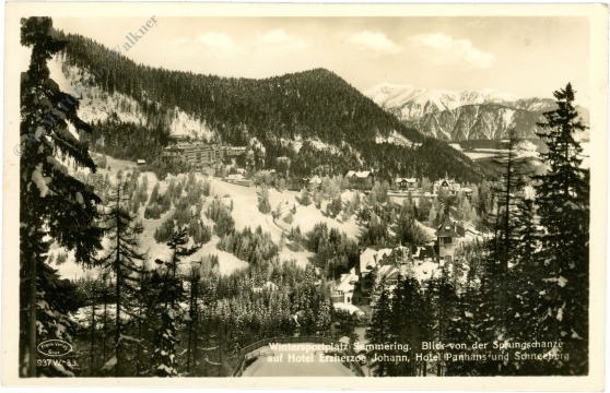semmering, blick von der sprungschanze auf hotel erzherzog johann, hotel panhans und schneeberg