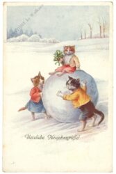 neujahr, katzen rollen großen schneeball