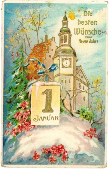 neujahr, kirche mit kalenderblatt