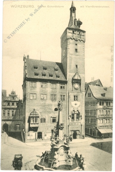 würzburg, grafen eckardsturm mit vierröhrenbrunnen