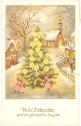 weihnachten, engerl mit christbaum am dorfplatz