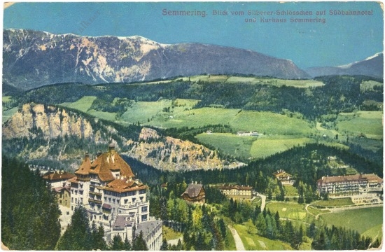 semmering, blick vom silberer schlösschen auf südbahnhotel und kurhaus semmering
