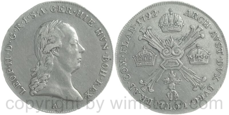 leopold ii., 1790 1792, kronentaler 1792 m, silber, s ss, justiert und henkelspur (kopie)
