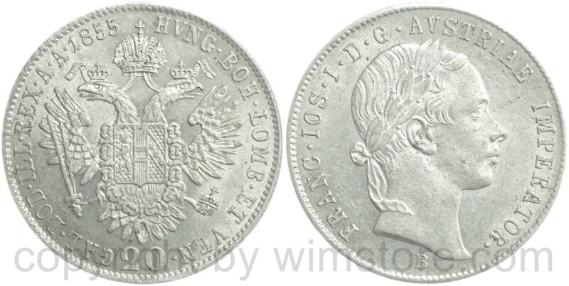 franz josef i., 20 kreuzer 1852 b, silber, ss (kopie)