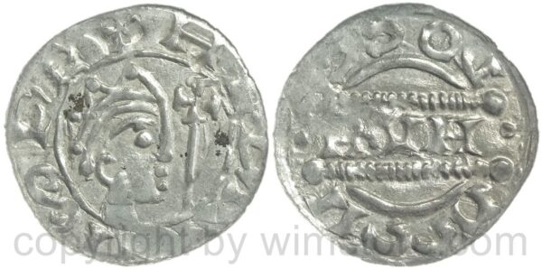 niederlande grafschaft friesland, bruno iii. von braunschweig, 1038 1057, gekrönter kopf mit kreuzstab, // docc vgga/ brvno, denar, ms. dokkum, silber, vz (kopie)