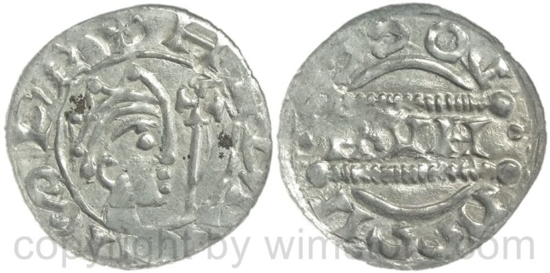 niederlande grafschaft friesland, bruno iii. von braunschweig, 1038 1057, gekrönter kopf mit kreuzstab, // docc vgga/ brvno, denar, ms. dokkum, silber, vz (kopie)