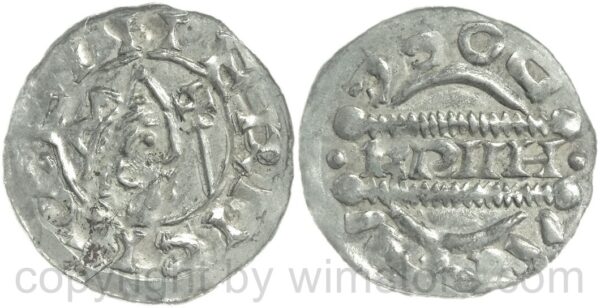 niederlande grafschaft friesland, bruno iii. von braunschweig, 1038 1057, gekrönter kopf mit kreuzstab, // docc vgga/ brvno, denar, ms. dokkum, silber, vz (kopie)