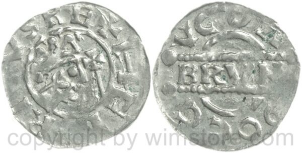 niederlande grafschaft friesland, bruno iii. von braunschweig, 1038 1057, gekrönter kopf mit kreuzstab, // docc vgga/ brvno, denar, ms. dokkum, silber, vz (kopie)