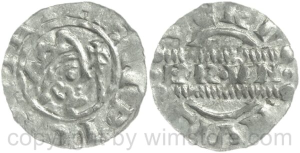 niederlande grafschaft friesland, bruno iii. von braunschweig, 1038 1057, gekrönter kopf mit kreuzstab, // vori livn (l steht am kopf)/ brvno, denar, silber, ss vz niederlande grafschaft friesland, bruno iii. von braunschweig, 1038 1057, gekrönter kopf mit kreuzstab, // vori livn (l steht am kopf)/ brvno, denar, silber, ss vz
