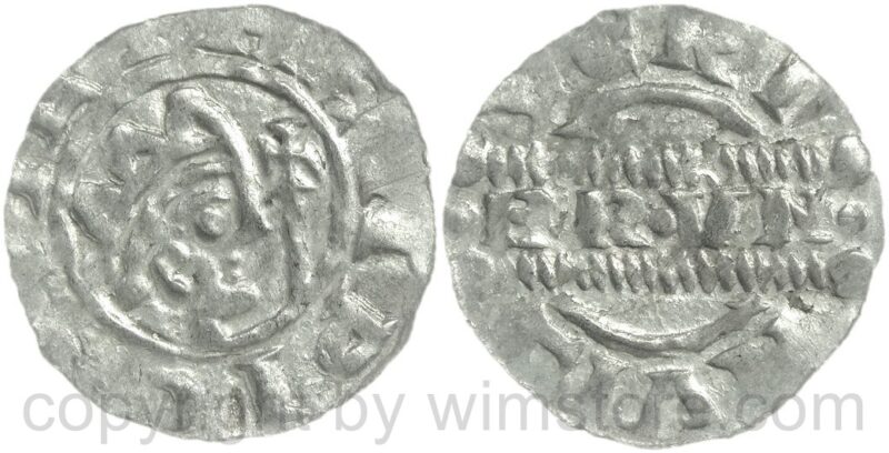 niederlande grafschaft friesland, bruno iii. von braunschweig, 1038 1057, gekrönter kopf mit kreuzstab, // vori livn (l steht am kopf)/ brvno, denar, silber, ss vz