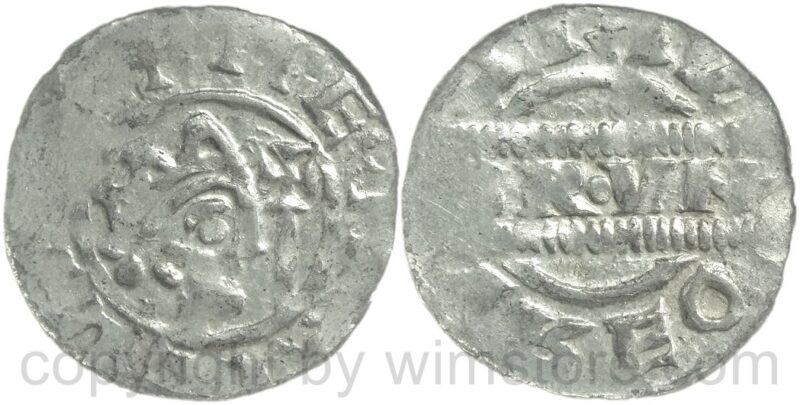 niederlande grafschaft friesland, bruno iii. von braunschweig, 1038 1057, gekrönter kopf mit kreuzstab, // vgga docc/ brvno, denar, ms. dokkum, silber, vz (kopie)