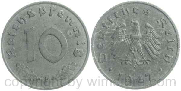 3. reich, 10 reichspfennig 1945 f, zink, ss vz, wertseite gereinigt (kopie) 3. reich, 10 reichspfennig 1945 f, zink, ss vz, wertseite gereinigt (kopie)