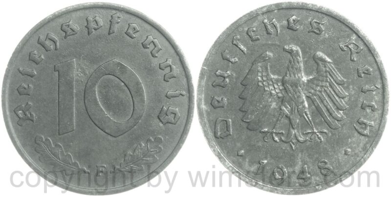 3. reich, 10 reichspfennig 1946 f, zink, ss vz (kopie)