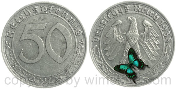 3. reich, 50 reichspfennig 1938 a, km 95, nickel, ss, fleckig