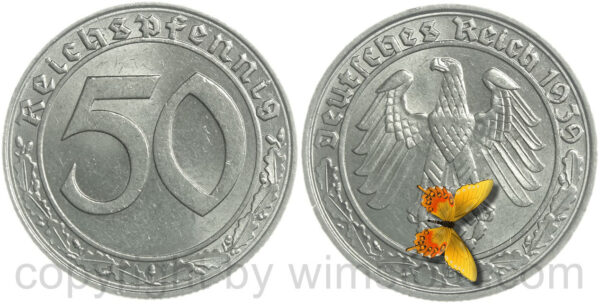 3. reich, 50 reichspfennig 1939 b, km 95, nickel, st, winz. randschaden