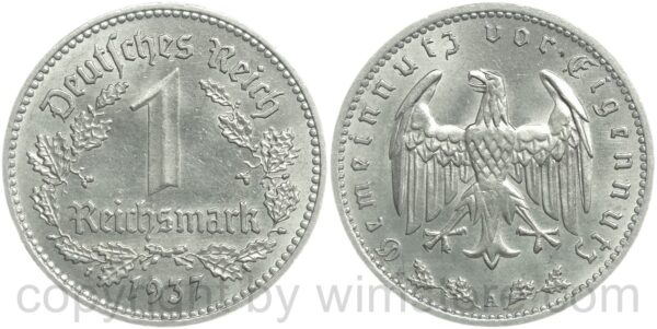 3. reich, 1 reichsmark 1934 g, km 78, nickel, ss vz (kopie)