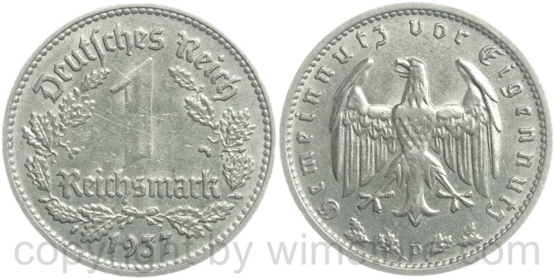 3. reich, 1 reichsmark 1937 d, km 78, nickel, vz