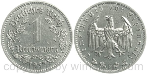 3. reich, 1 reichsmark 1937 d, km 78, nickel, vz (kopie)
