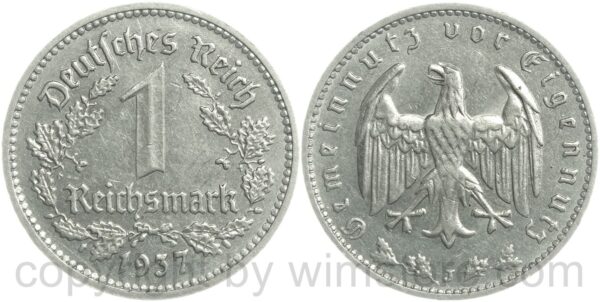 3. reich, 1 reichsmark 1937 d, km 78, nickel, vz (kopie)