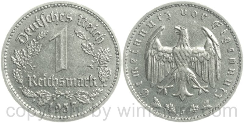 3. reich, 1 reichsmark 1937 d, km 78, nickel, vz (kopie)