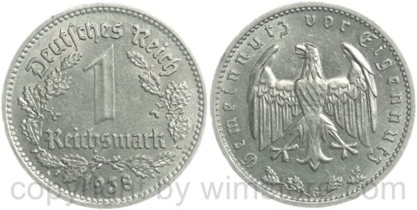 3. reich, 1 reichsmark 1938 a, km 78, nickel, vz (kopie)