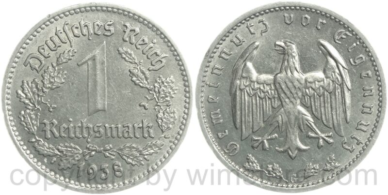 3. reich, 1 reichsmark 1938 a, km 78, nickel, vz (kopie)