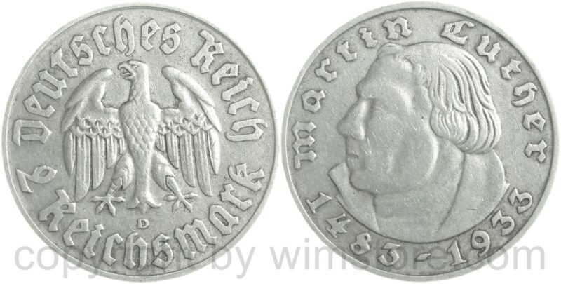 3. reich, 2 reichsmark 1933 d, km 79, martin luther, silberl, ss