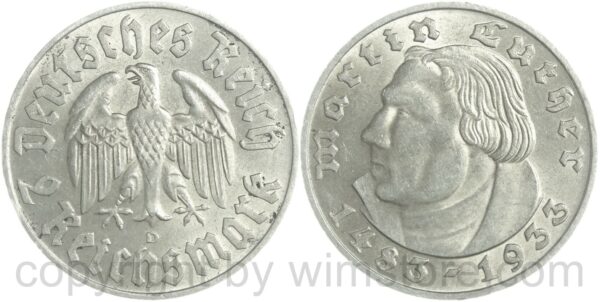 3. reich, 2 reichsmark 1933 d, km 79, martin luther, silber, vz, winz. rs.