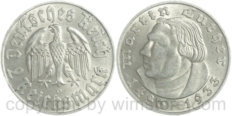 3. reich, 2 reichsmark 1933 d, km 79, martin luther, silber, vz, winz. rs.