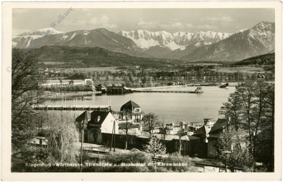 klagenfurt, strandcafe und strandbad mit karawanken