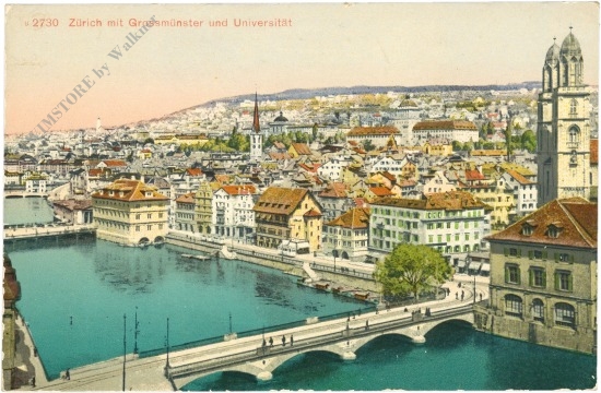 zürich, mit grossmünster und universtität