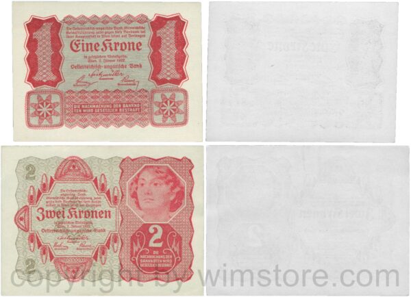 Österreich, 1. republik, p073, p074, 1 und 2 kronen 1922; 1