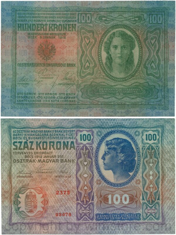 Österreich, franz josef i., 100 kronen 2. jänner 1912, serie 2375, p 12; 1 , schwacher büroklammerabdruck (kopie)