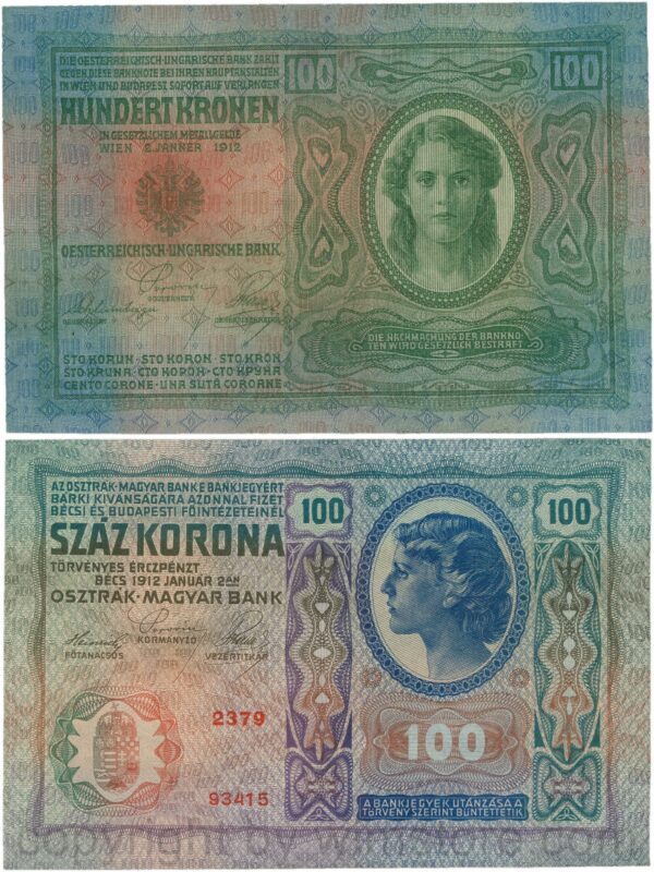 Österreich, franz josef i., 100 kronen 2. jänner 1912, serie 2375, p 12; 1 , schwacher büroklammerabdruck (kopie)