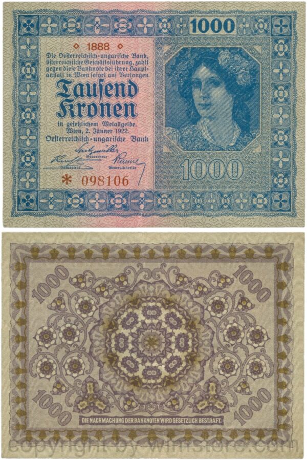 Österreich, 1. republik, p078.1, 1000 kronen 1922, ohne wasserzeichen; 3