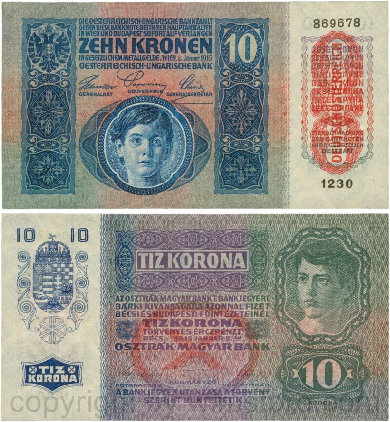 Österreich, 1. republik, p051a.2, 10 kronen 2.jänner 1915 mit aufdruck "deutschÖsterreich" (1919), flachdruck (lithographed printing)