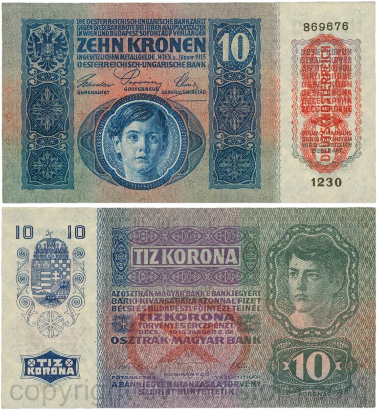 Österreich, 1. republik, p051a.1, 10 kronen 2.jänner 1915 mit aufdruck "deutschÖsterreich" (1919), tiefdruck (engraved printing); 1 (kopie)
