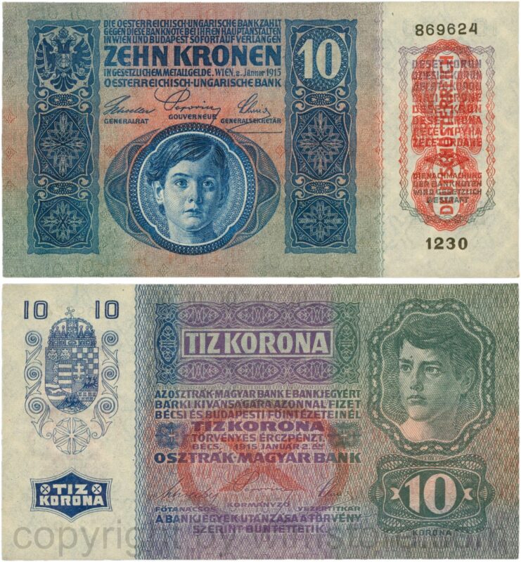 Österreich, 1. republik, p051a.1, 10 kronen 2.jänner 1915 mit aufdruck "deutschÖsterreich" (1919), tiefdruck (engraved printing); 1 (kopie)